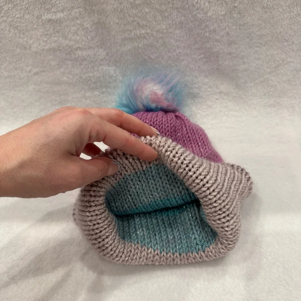 Handmade Kids Knit Beanie Pink Purple Colorblock Shimmer Pom‎ Pom Hat OSFM